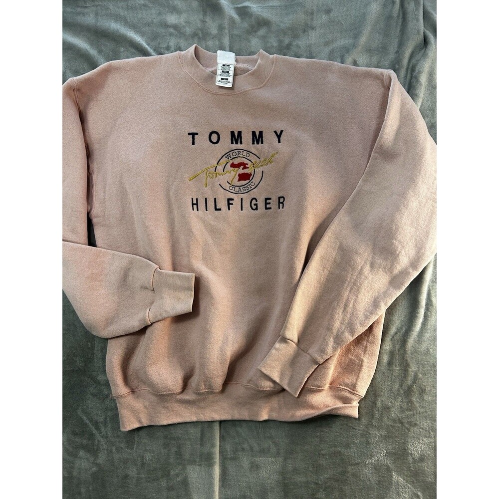 Tommy Hilfiger Sweatshirt Mens XL Pink Spellout Logo Crewneck Vintage Embroidery